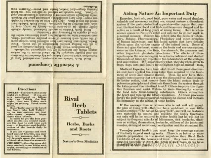 Instruction Sheet - Rival Herb Tablets; Herbs, Barks and Roots; Nature's Own Medicine