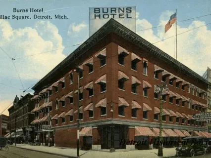 Postcard - Burns Hotel, Cadillac Square, Detroit, Mich.