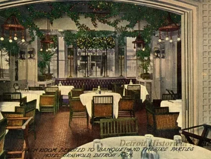 Postcard - Palm Room, Devoted to Banquet and Theater Parties, Hotel Griswold, Detroit, Mich.