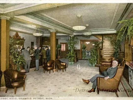 Postcard - Lobby, Hotel Griswold, Detroit, Mich