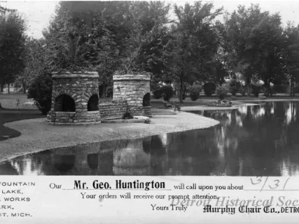 Postcard - Drinking Fountain and Lake, Water Works Park, Detroit, Mich.