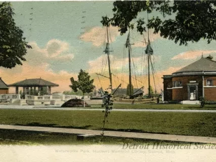 Postcard - Waterworks Park, Hurlbut Memorial Library, Detroit, Mich.