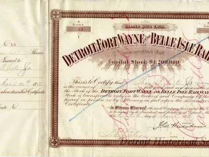 Certificate, Stock - Detroit, Fort Wayne, & Belle Isle Stock
