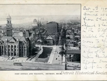 Postcard - Post Office and Vicinity, Detroit, Mich.