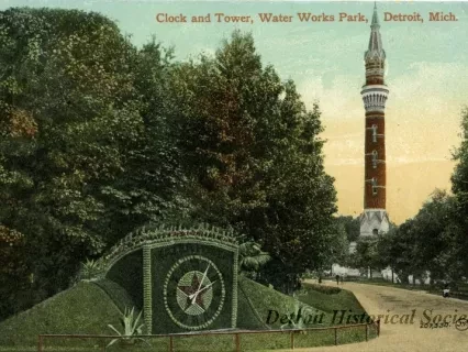 Postcard - Clock and Tower, Water Works Park, Detroit, Mich.