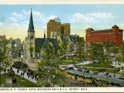 Postcard - Central M. E. Church, Hotel Wolverine and Y.M.C.A., Detroit, Mich.