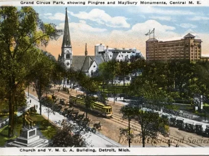 Postcard - Grand Circus Park, showing Pingree and Maybury Monuments, Central M. E. Church and Y. M. C. A. Building, Detroit, Mich.