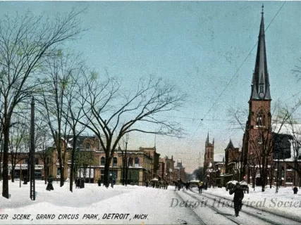 Postcard - Winter Scene, Grand Circus Park, Detroit, Mich.