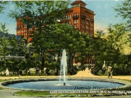 Postcard - East Grand Circus Park and Y.M.C.A., Detroit, Mich.