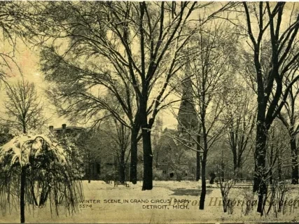 Postcard - Winter Scene in Grand Circus Park, Detroit, Mich.