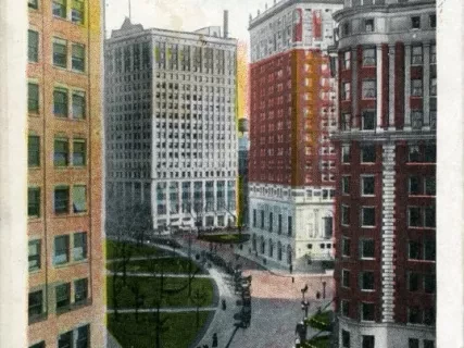 Postcard - Skyscrapers, Grand Circus Park, Detroit.