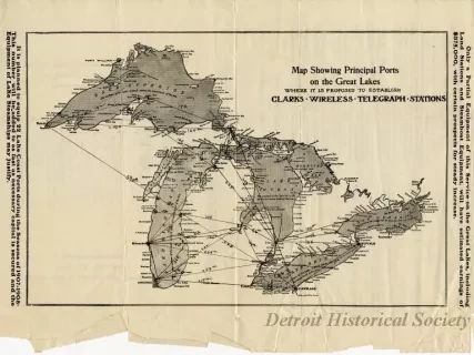 Map - Map Showing Principal Ports on the Great Lakes Where it is Proposed to Establish Clark's Wireless Telegraph Stations.