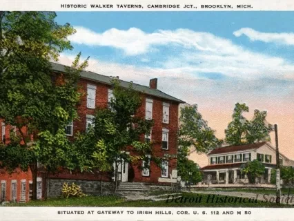 Postcard - Historic Walker Taverns, Cambridge Jct., Brooklyn, Mich.
Situated at Gateway to Irish Hills, Cor. U. S. 112 and M 50