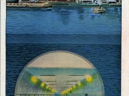Postcard - Waterfront, Detroit, Michigan, showing Detroit-Windsor Tunnel.