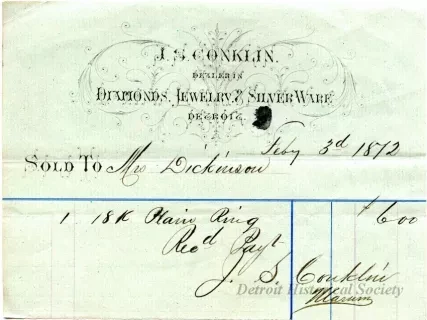 Bill-of-sale - J. S. Conklin, 
Dealer in Diamonds, Jewelry & Silverware