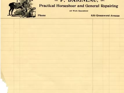 Bill-of-sale - P. Daigneau, Dr. - Practical Horseshoer and General Repairing
P. Daigneau & Van Antwerp, Dr. - Practical Horseshoers