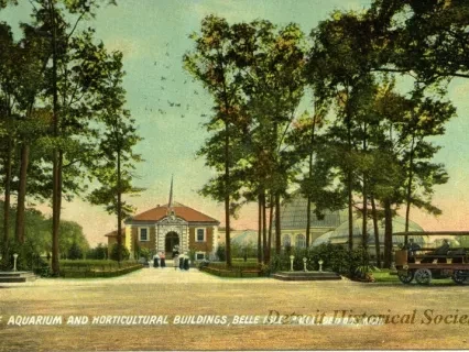 Postcard - The Aquarium and Horticultural Buildings, Belle Isle Park, Detroit, Mich.