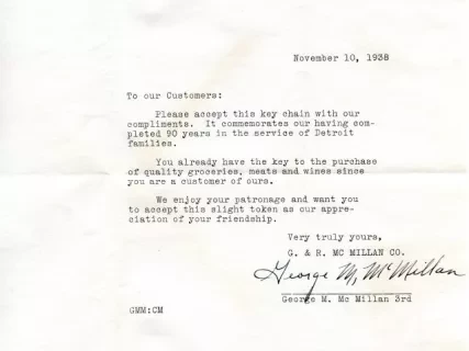 Letter - G. & R. McMillan Company,
Purveyors of Fine Foods