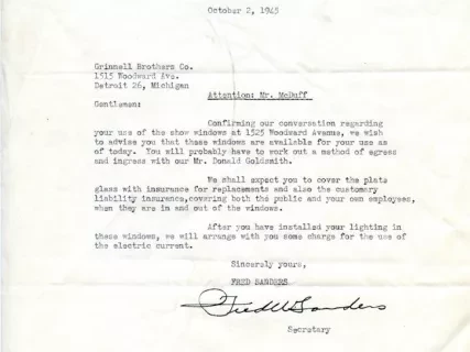 Letter - Fred W. Sanders Confectioners
(letter to Grinnell Brothers)