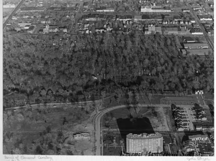 Print, Photographic - Aerial of Elmwood Cemtery Looking East, Entrance Gate at Right