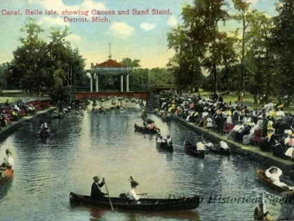 Postcard - Canal, Belle Isle, showing Canoes and Band Stand, Detroit, Mich.