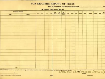 Paper, Form - Fur Dealer's Report of Pelts