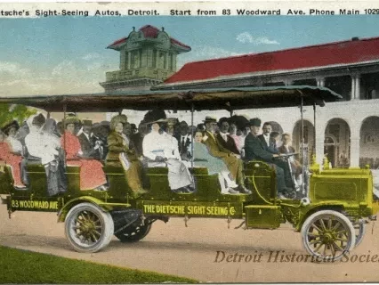 Postcard - Dietsche's Sight-Seeing Autos, Detroit. Start from 83 Woodward Ave. Phone Main 1092.