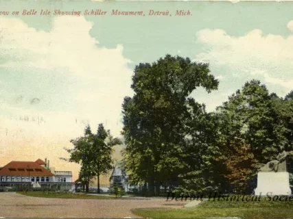 Postcard - A View on Belle Isle Showing Schiller Monument, Detroit, Mich.
