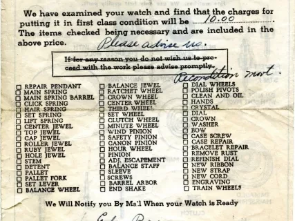 Receipt - Watch Repair Department
[Wright, Kay & Company]
