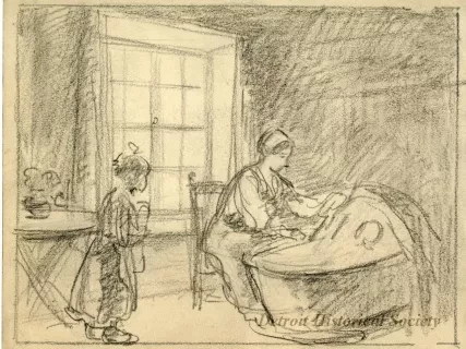 Drawing - Woman with Basinette