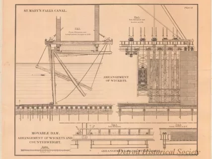 Lithograph - St. Mary's Falls Canal,
Movable Dam. Arrangement of Wickets and Counterweight.