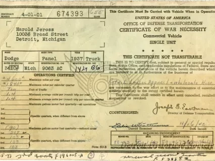 Certificate - Certificate of War Necessity
Commercial Vehicle
Single Unit