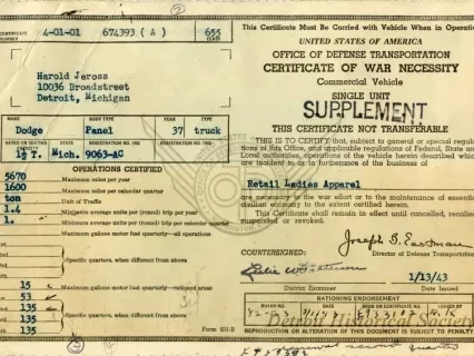 Certificate - Certificate of War Necessity
Commercial Vehicle
Single Unit
SUPPLEMENT
