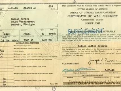 Certificate - Certificate of War Necessity
Commercial Vehicle
Single Unit
SUPPLEMENT