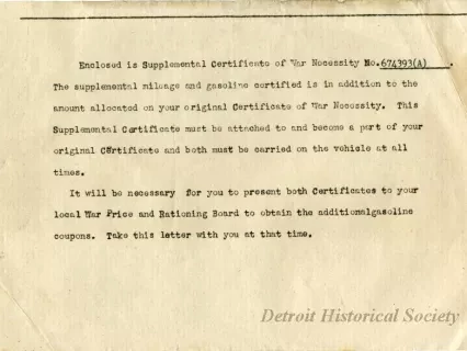 Letter - Supplemental Certificate of War Necessity