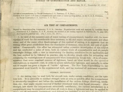 Report, Technical - "Air Test of Compartments," and "Extracts from Report of Air Tests of Compartments and Zones of Water-Ejecting System on the U.S.S. OKLAHOMA,"