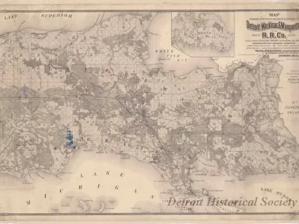 Map - Map Showing Location of the Lands Belonging to Detroit, Mackinac & Marquette R.R. Co. in the Counties of Schoolcraft, Mackinac and Chippewa, in Part, Michigan.