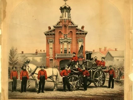 Lithograph - Phoenix Steam Fire Engine No. 3 of Detroit as it apeared in the funeral procession of the late President Lincoln, April, 25th 1865. Presented by Robert Meginity