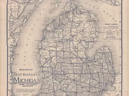 Map - Mileage Map of the Best Roads of Michigan,
Showing State Highways, Road Distances.