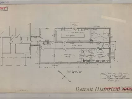 Drawing, Architectural - Addition to Hospital, Fort Wayne, Michigan.
Major P. G. Wales, Surgeon, U.S. Army.  March, 1907