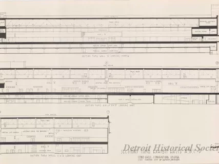 Drawing, Architectural - Sections Thru Exhibit Halls A, B, C, & D, 
Cobo Hall - Convention Arena, 
Civic Center - City of Detroit, Michigan