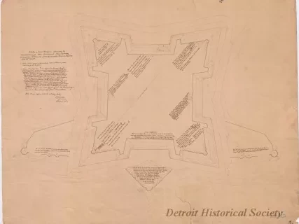 Drawing, Architectural - Sketch of Fort Wayne,
Showing the Condition of its Non-Armament, June 30th, 1869, in Response to Circular from Office of the Chief of Engineers, May 25th, 1869.