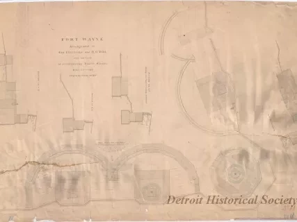 Drawing, Architectural - Fort Wayne,
Arrangement of Gun Platforms and B. H. Wall,
and Method of Reinforcing Pintle Stones