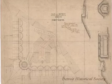 Drawing, Architectural - Plan and Sections Showing Modifications of Demilune at Fort Wayne