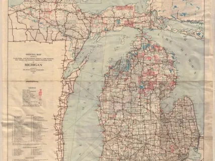 Map - Official Map Showing State Parks, Fish Hatcheries, Forests, Game Reserves, Fire Towers, and National Forest Purchase Units in Michigan