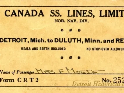 Ticket, Transportation - Canada SS. [Steamship] Lines, Limited
Nor. Nav. Div. [Northern Navigation Division]