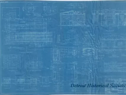 Blueprint - Detroit Boat Yard - 
Boatshed, Paving and Trackwork, 
Plans, Elevations, Sections & Details