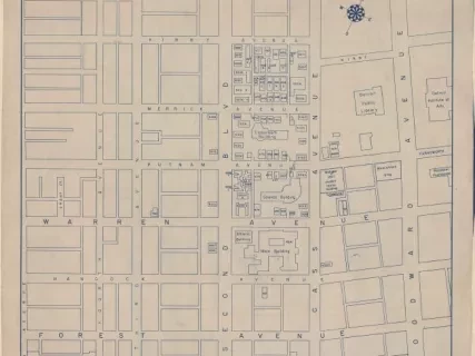 Blueprint - Wayne University Campus,
A New Base Map by R. W. Kelley and J. C. MacLachlan, Jan., 1948