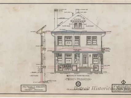 Drawing, Architectural - Residence for Mr. Frank C. Moriarty, Owner,
Detroit, Michigan - Front Elevation