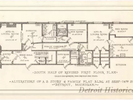 Drawing, Architectural - Alterations of a 3 Story, 6 Family Flat Bldg. at 3537 14th St., 
Detroit, Michigan